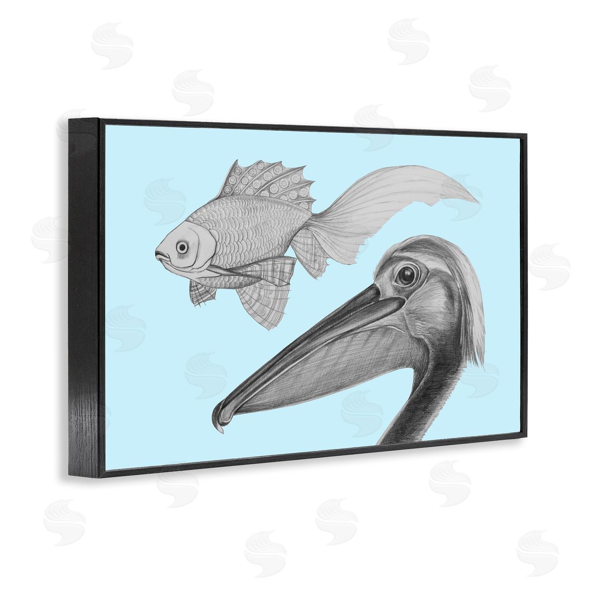 Violeta Vollmer Pelican & Fish Sketch on Blue Canvas Wall Art Print