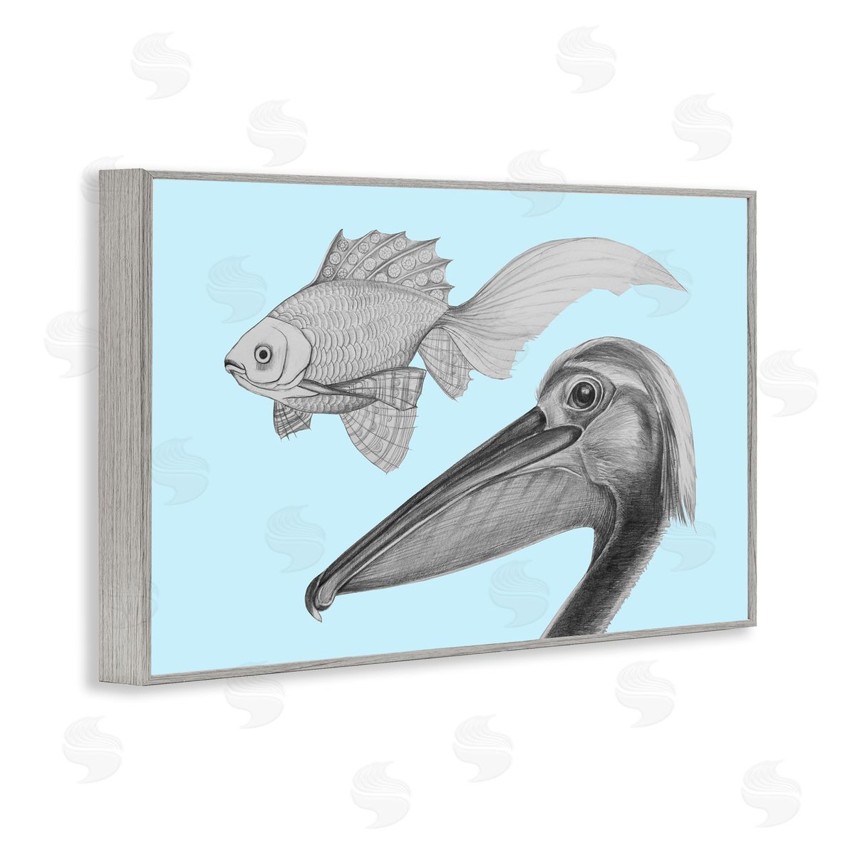 Violeta Vollmer Pelican & Fish Sketch on Blue Canvas Wall Art Print