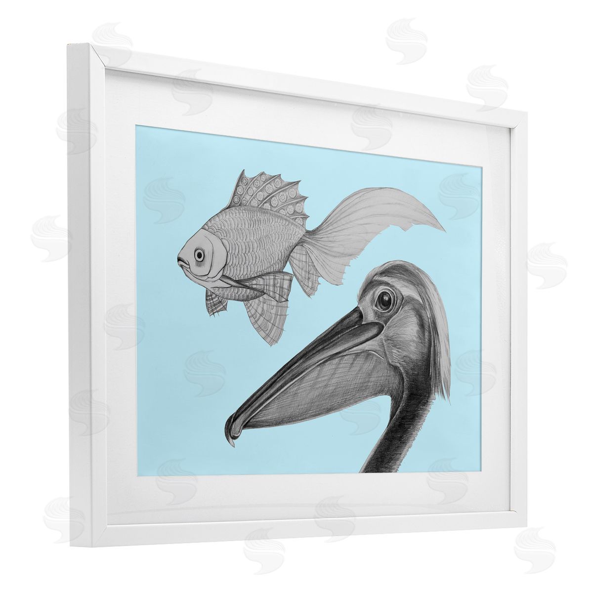Violeta Vollmer Pelican & Fish Sketch on Blue Canvas Wall Art Print