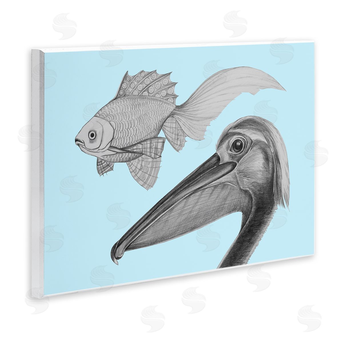 Violeta Vollmer Pelican & Fish Sketch on Blue Canvas Wall Art Print
