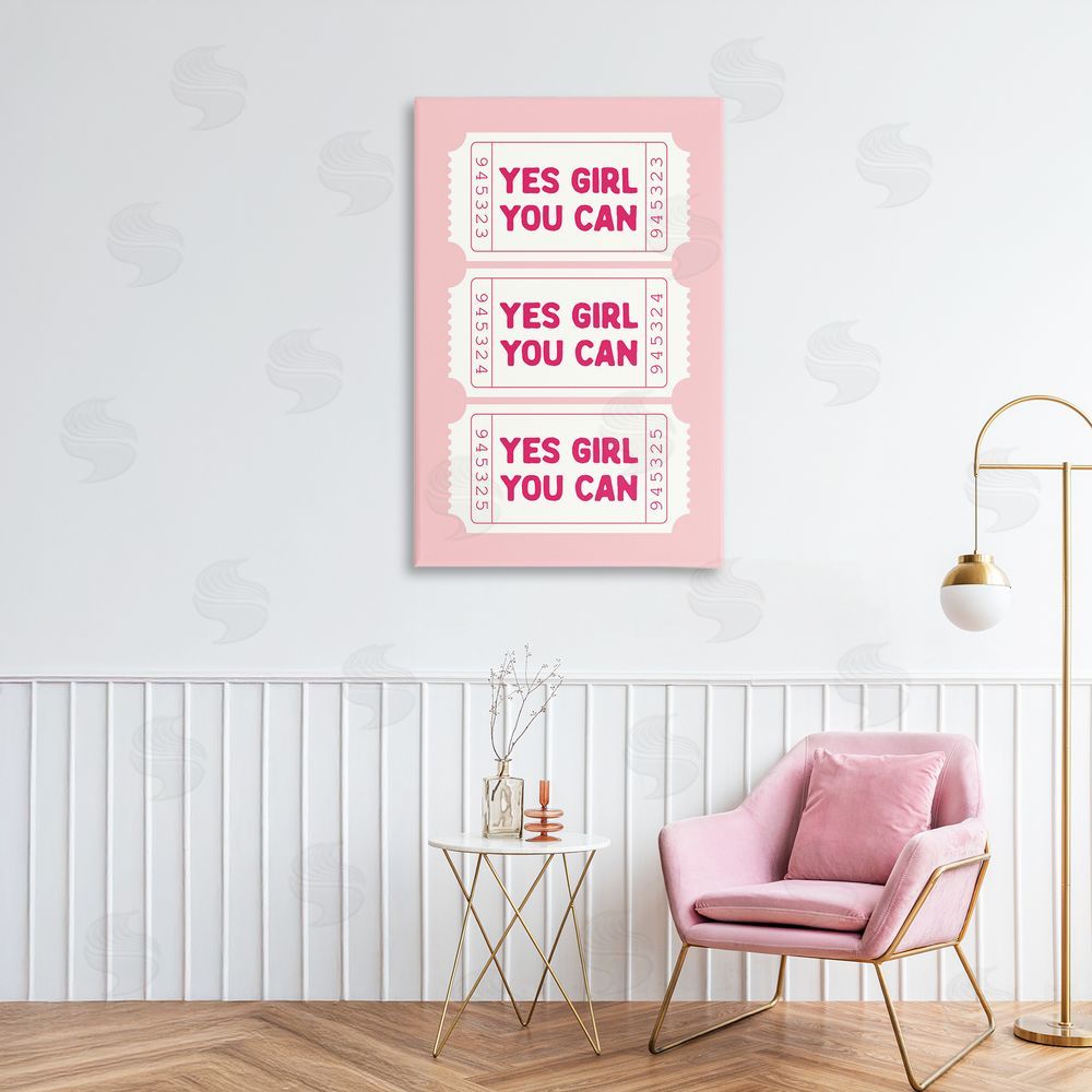 Lettered and Lined Yes Girl You Can on Pink Printed Wall Art in Room