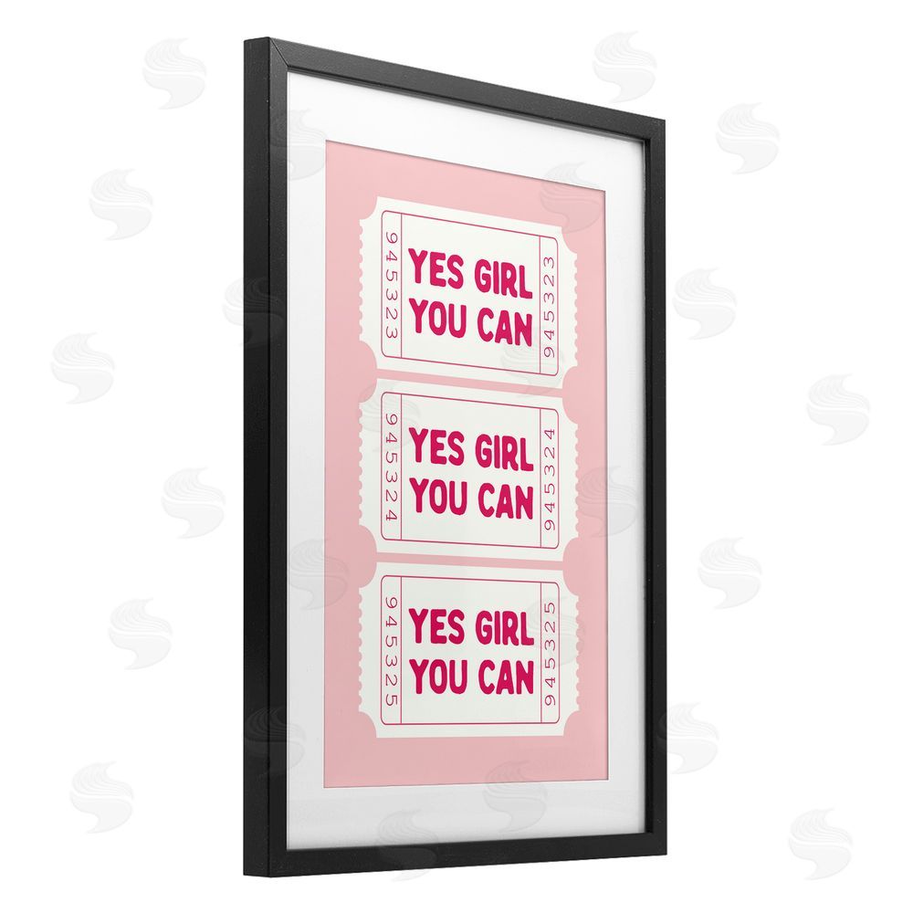 Lettered and Lined Yes Girl You Can on Pink Black Framed Print Under Glass Art
