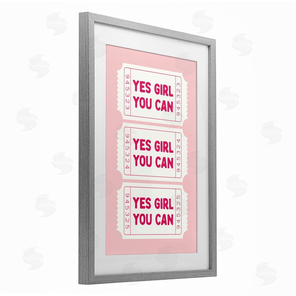 Lettered and Lined Yes Girl You Can on Pink Gray Framed Print Under Glass Art