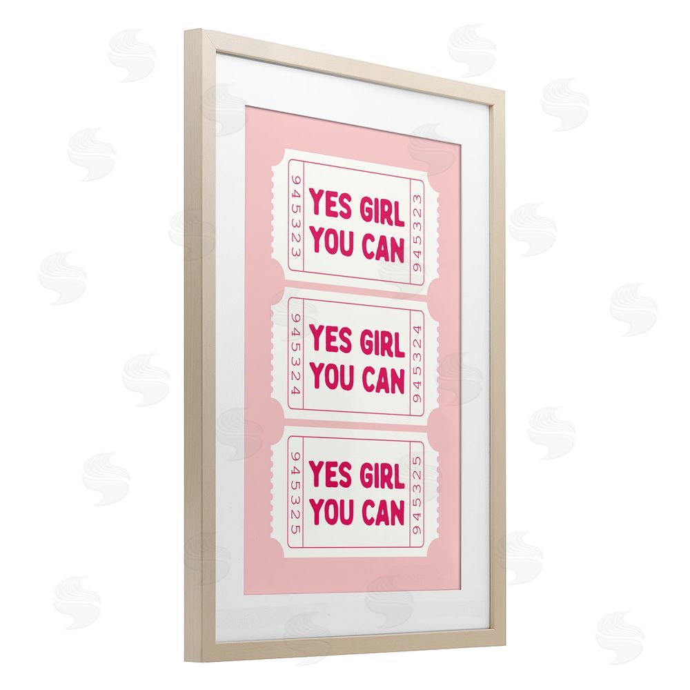 Lettered and Lined Yes Girl You Can on Pink Birch Framed Print Under Glass Art