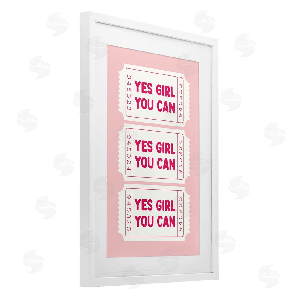 Lettered and Lined Yes Girl You Can on Pink White Framed Print Under Glass Art