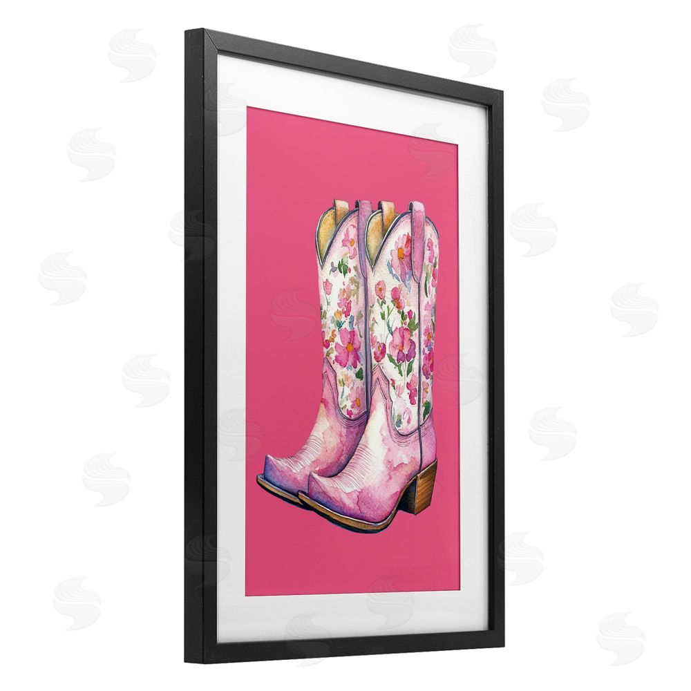 Lettered and Lined Glam Cowgirl Boots on Pink Black Framed Print Under Glass Art