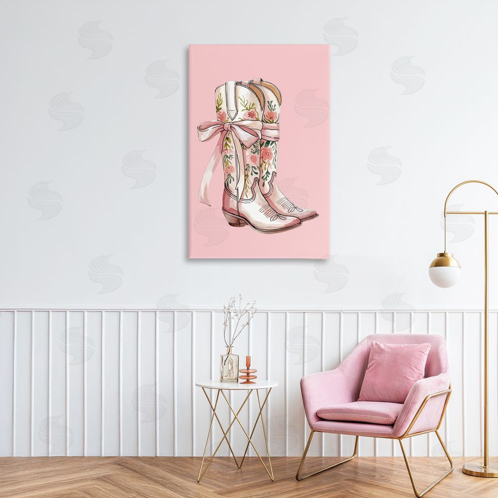 Lettered and Lined Cowgirl Boots with Neutral Ribbon Printed Wall Art in Room