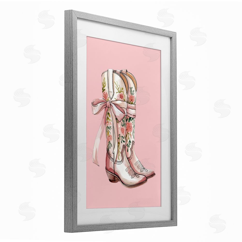 Lettered and Lined Cowgirl Boots with Neutral Ribbon Gray Framed Print Under Glass Art