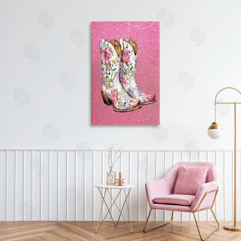 Lettered and Lined Gleaming Floral Cowgirl Boots Printed Wall Art in Room