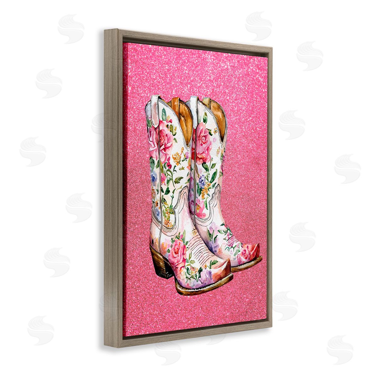 Lettered and Lined Gleaming Floral Cowgirl Boots Brown Floating Frame Canvas Art Print