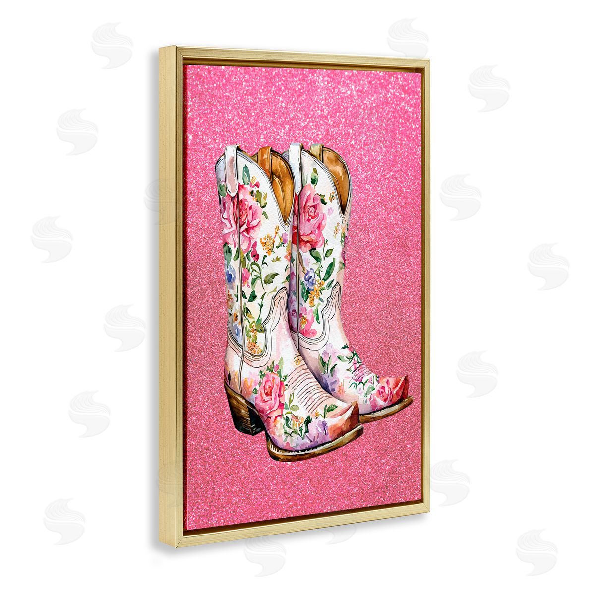 Lettered and Lined Gleaming Floral Cowgirl Boots Gold Floating Frame Canvas Art Print