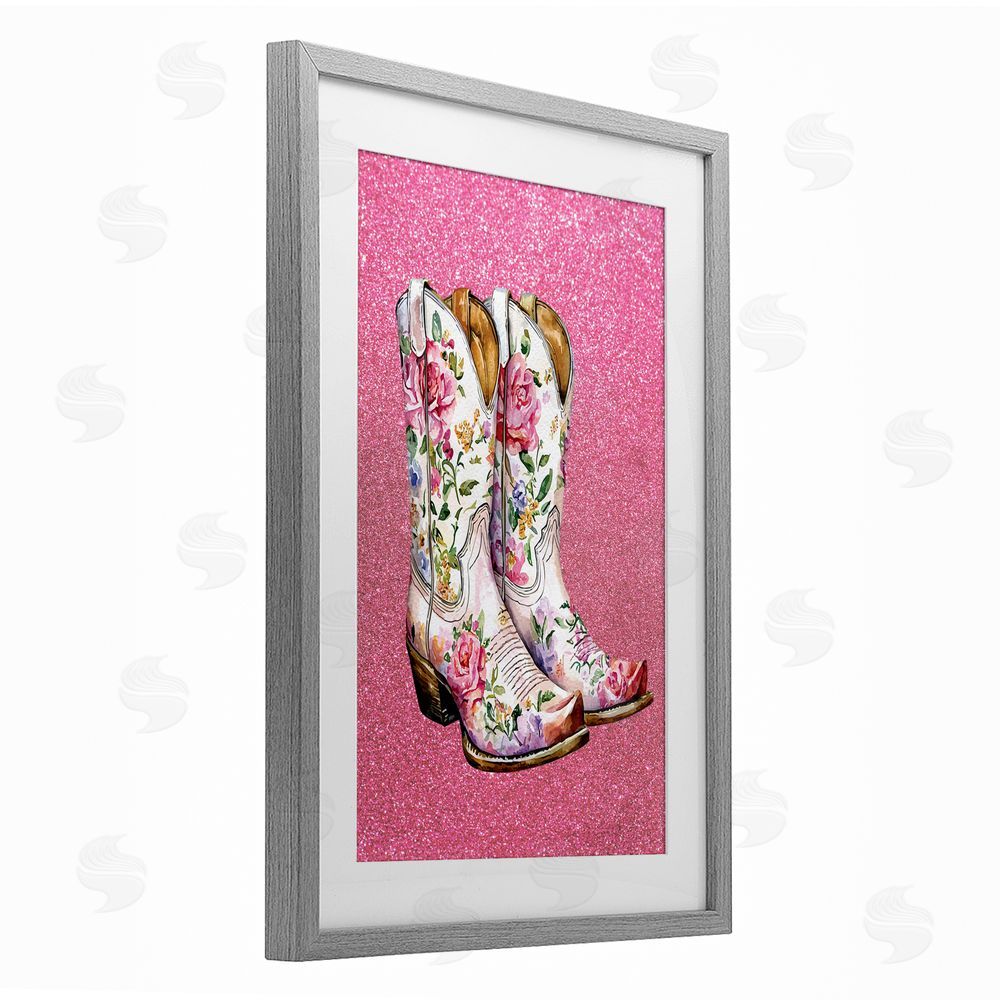 Lettered and Lined Gleaming Floral Cowgirl Boots Gray Framed Print Under Glass Art