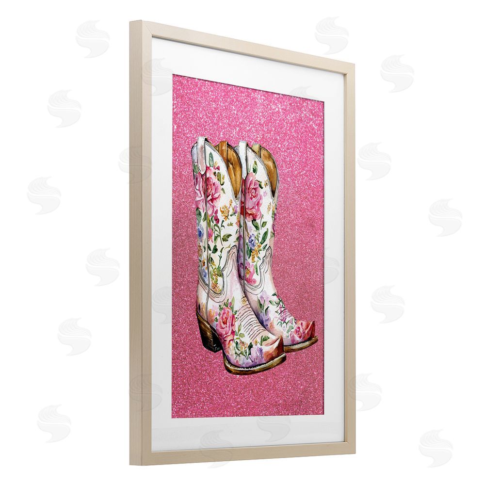Lettered and Lined Gleaming Floral Cowgirl Boots Birch Framed Print Under Glass Art