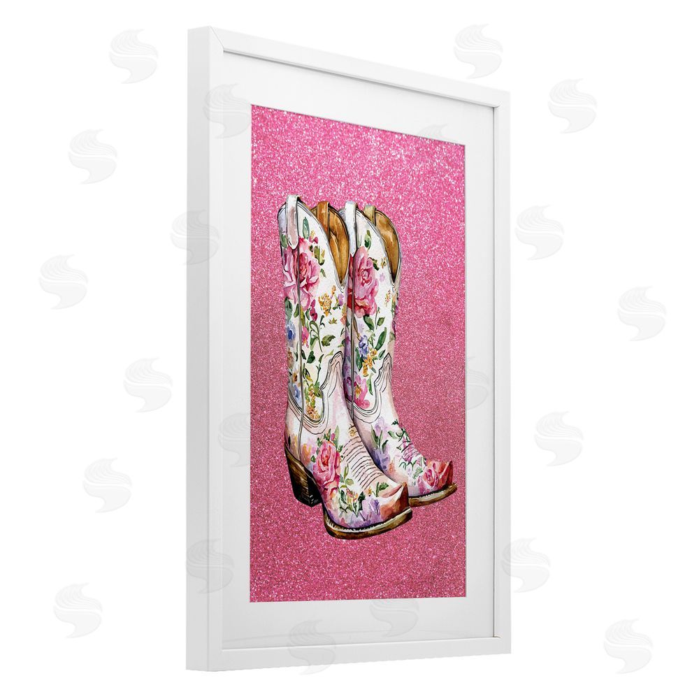 Lettered and Lined Gleaming Floral Cowgirl Boots White Framed Print Under Glass Art