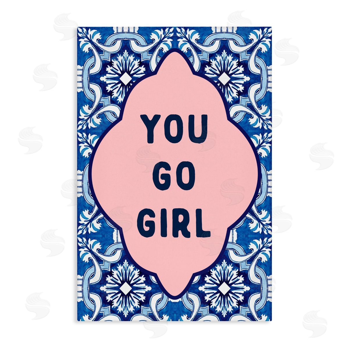 Lettered and Lined You Go Girl on Blue Pattern Canvas Wall Art Print