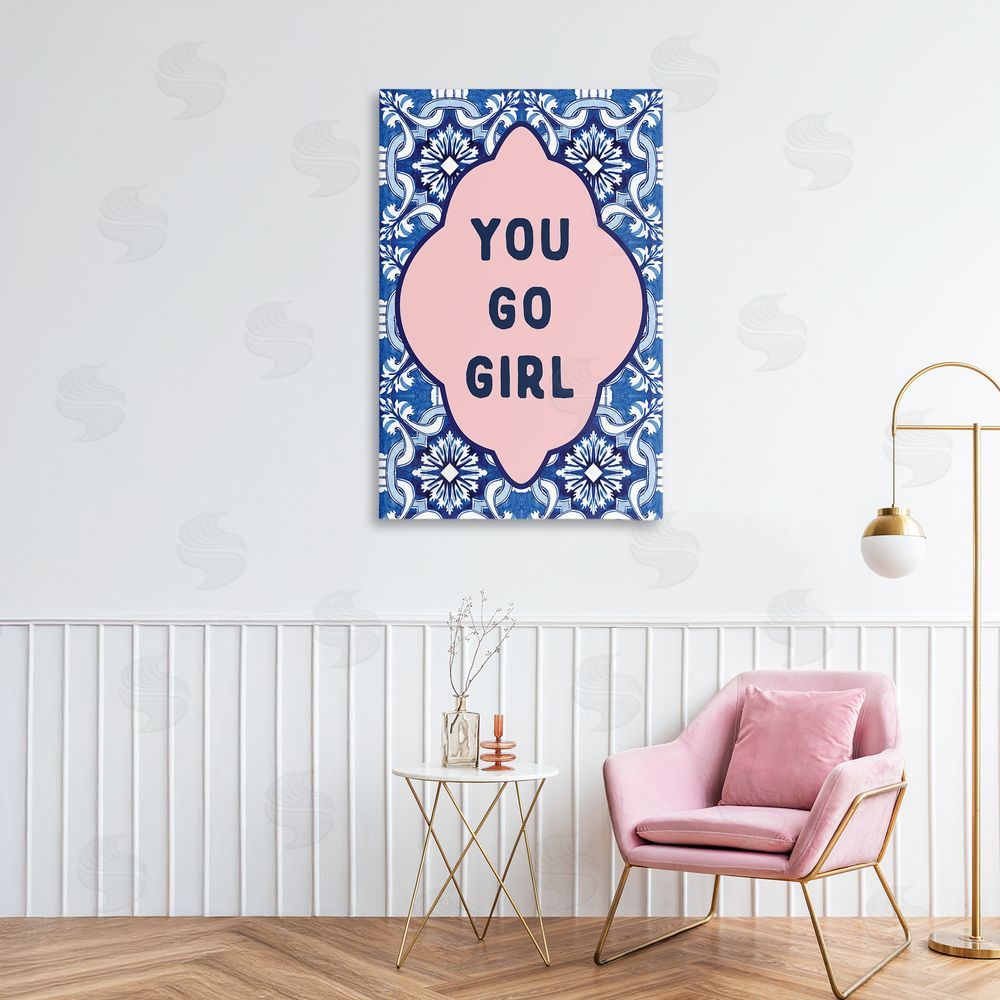 Lettered and Lined You Go Girl on Blue Pattern Printed Wall Art in Room