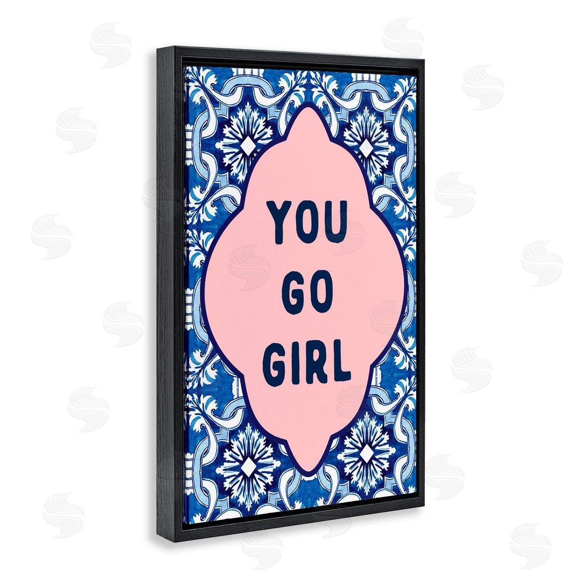 Lettered and Lined You Go Girl on Blue Pattern Black Floating Frame Canvas Wall Art Print
