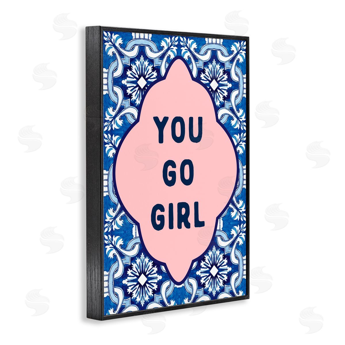 Lettered and Lined You Go Girl on Blue Pattern Black Framed Giclee Art Print