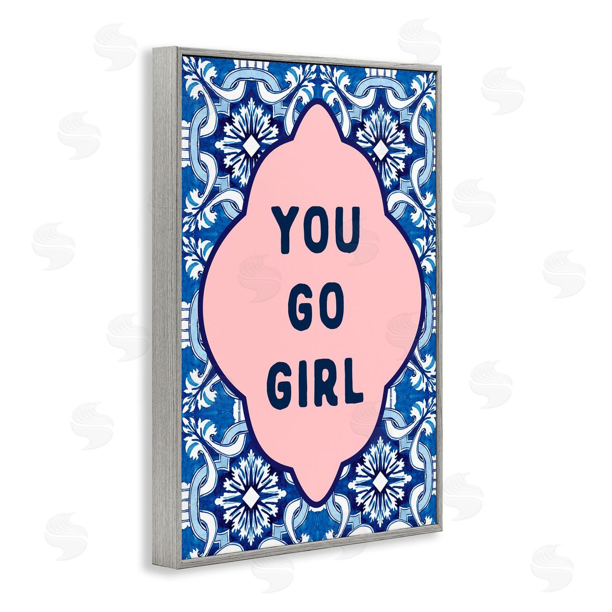 Lettered and Lined You Go Girl on Blue Pattern Gray Framed Giclee Art Print