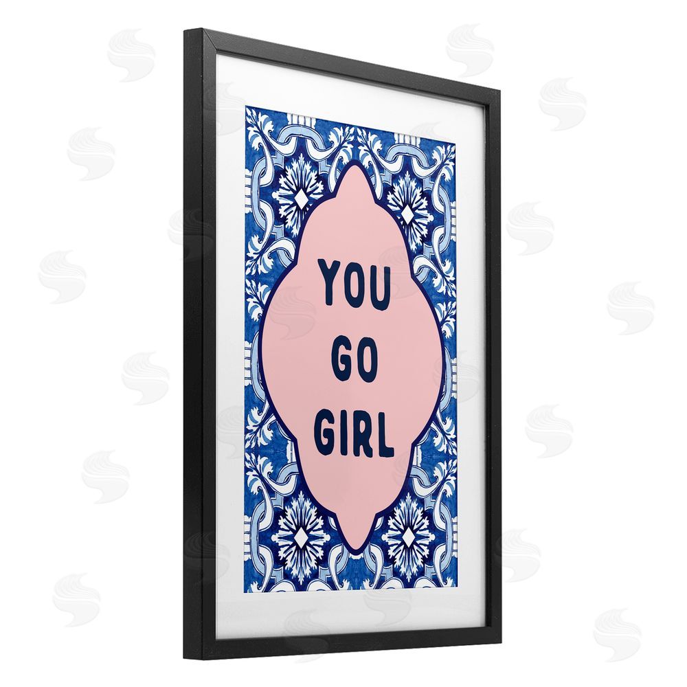 Lettered and Lined You Go Girl on Blue Pattern Black Framed Print Under Glass Art