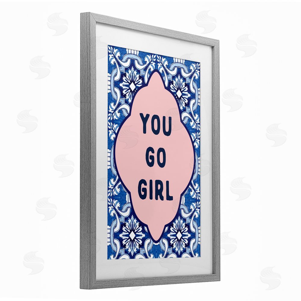 Lettered and Lined You Go Girl on Blue Pattern Gray Framed Print Under Glass Art