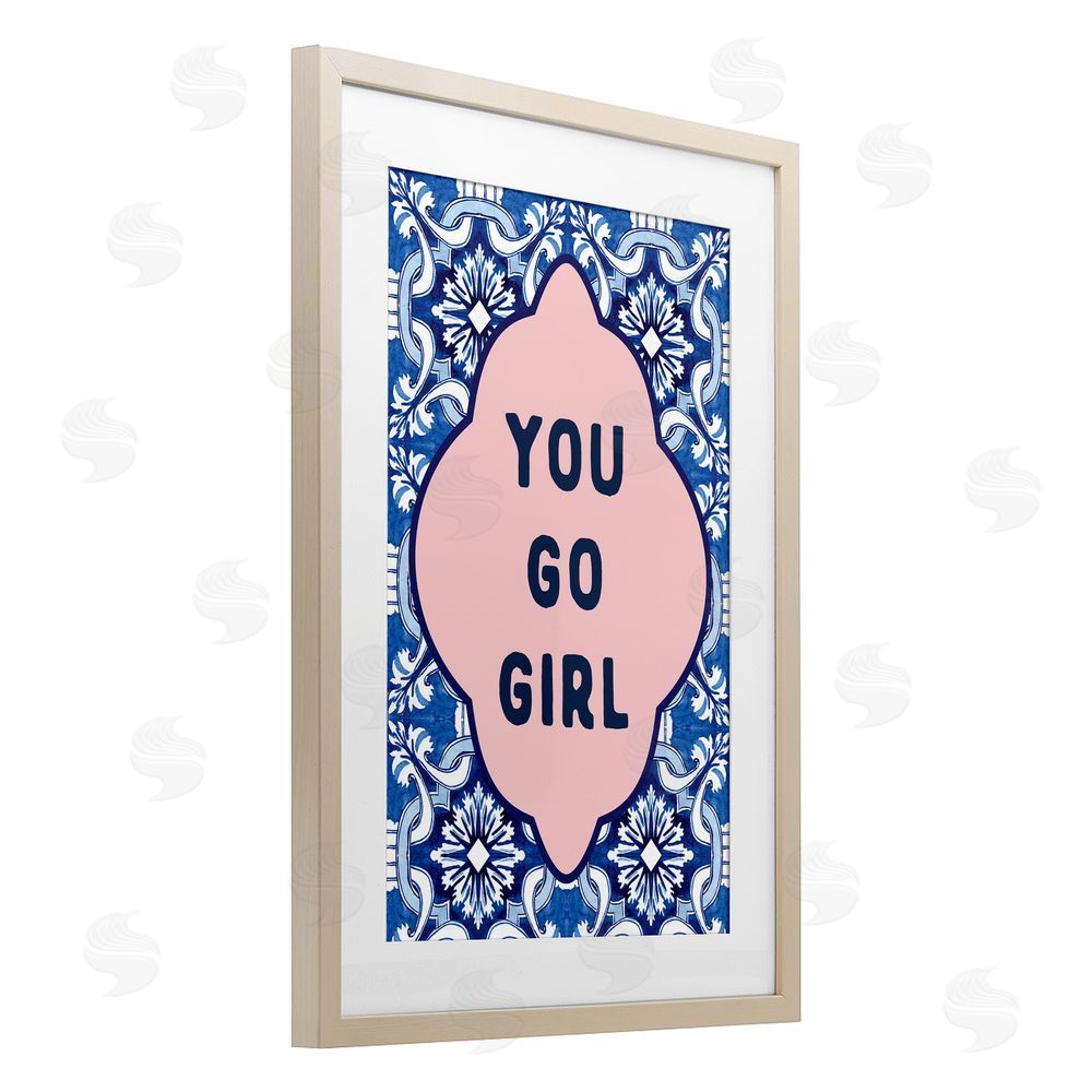 Lettered and Lined You Go Girl on Blue Pattern Birch Framed Print Under Glass Art