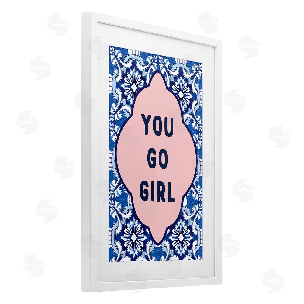 Lettered and Lined You Go Girl on Blue Pattern White Framed Print Under Glass Art