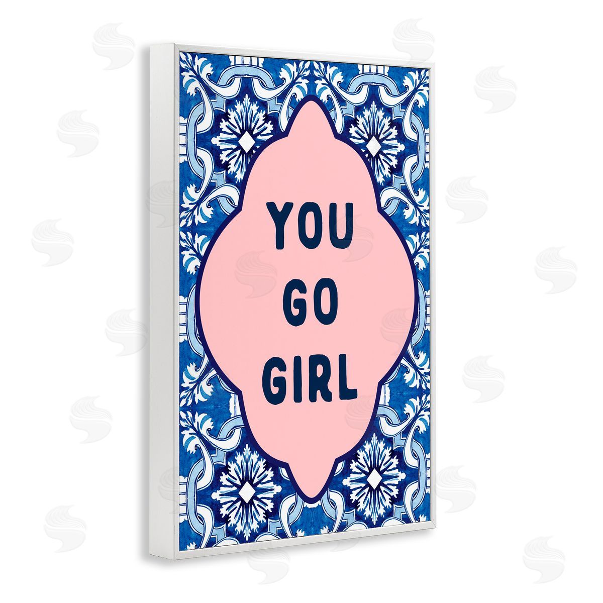 Lettered and Lined You Go Girl on Blue Pattern White Frame Giclee Art Print