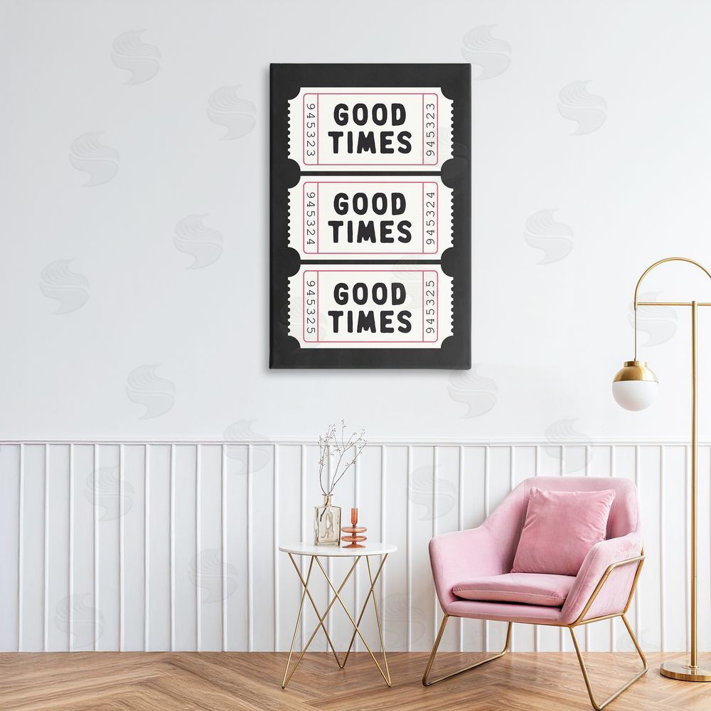 Lettered and Lined Good Times Tickets on Black Printed Wall Art in Room