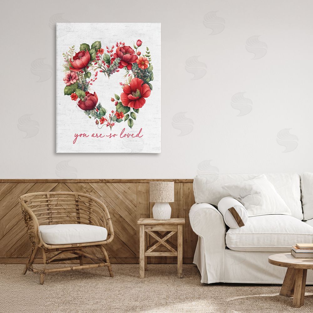 Lettered and Lined So Loved Romantic Heart Wreath Printed Wall Art in Room