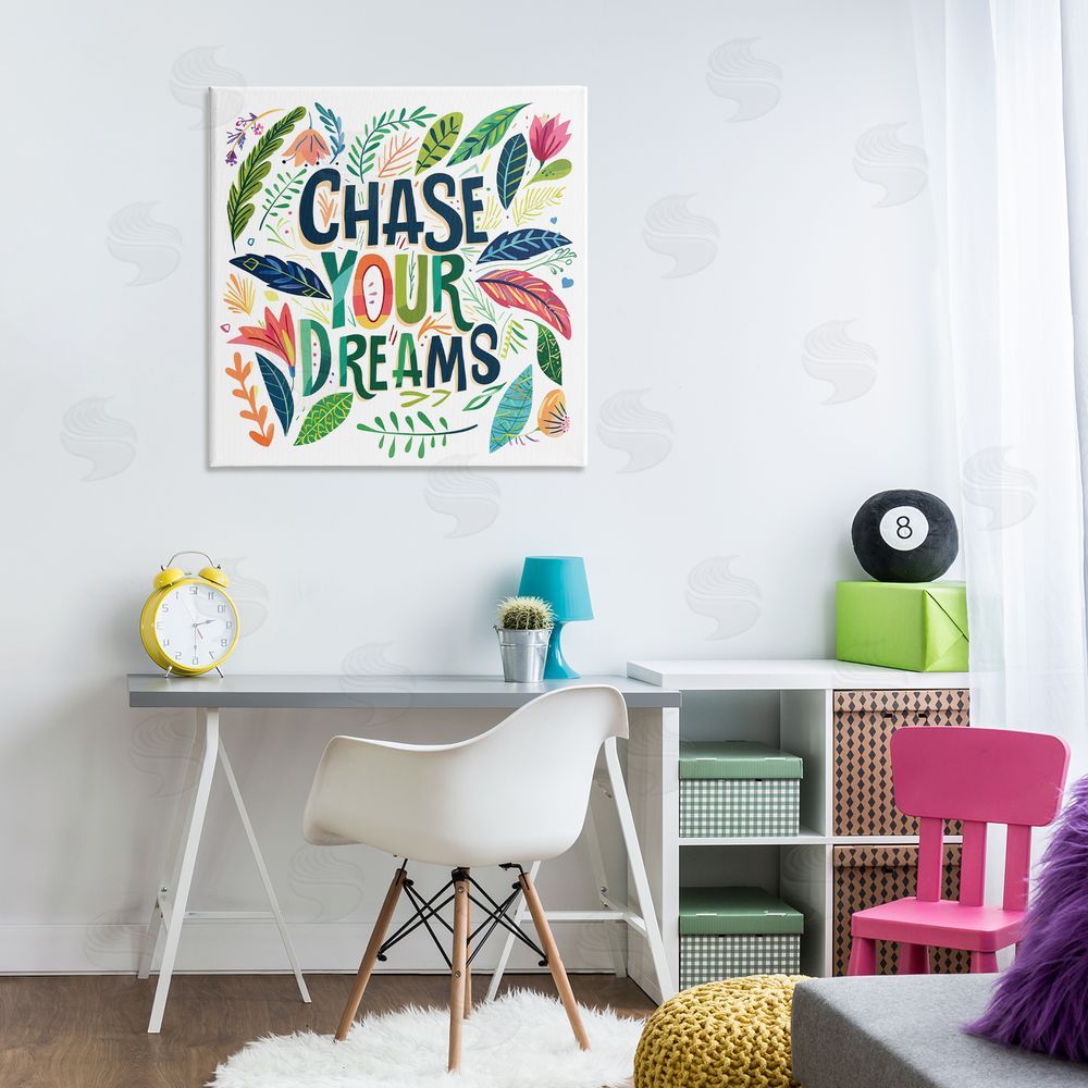 Lettered and Lined Chase Your Dreams on Leaves Printed Wall Art in Room