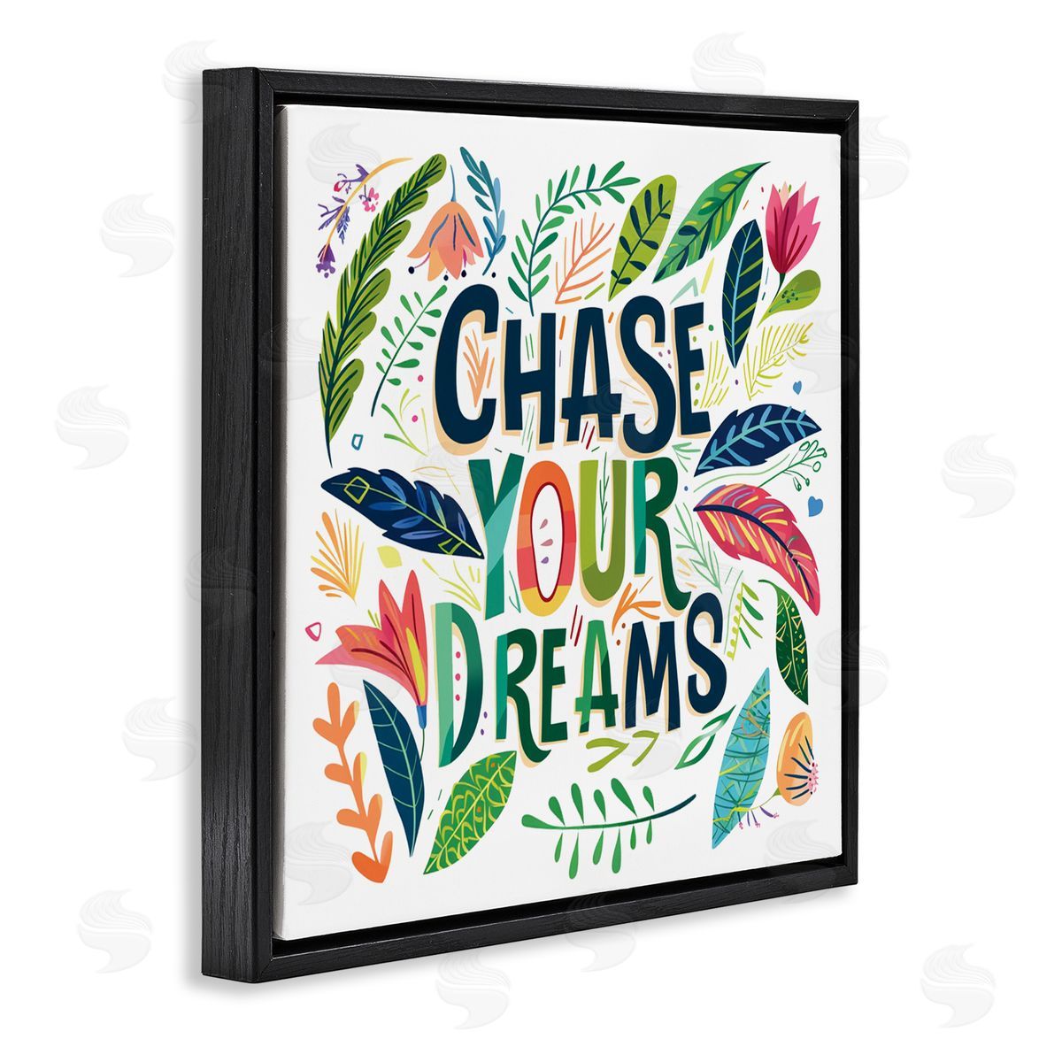 Lettered and Lined Chase Your Dreams on Leaves Black Floating Frame Canvas Wall Art Print