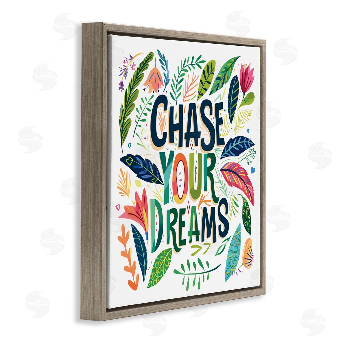 Lettered and Lined Chase Your Dreams on Leaves Brown Floating Frame Canvas Art Print