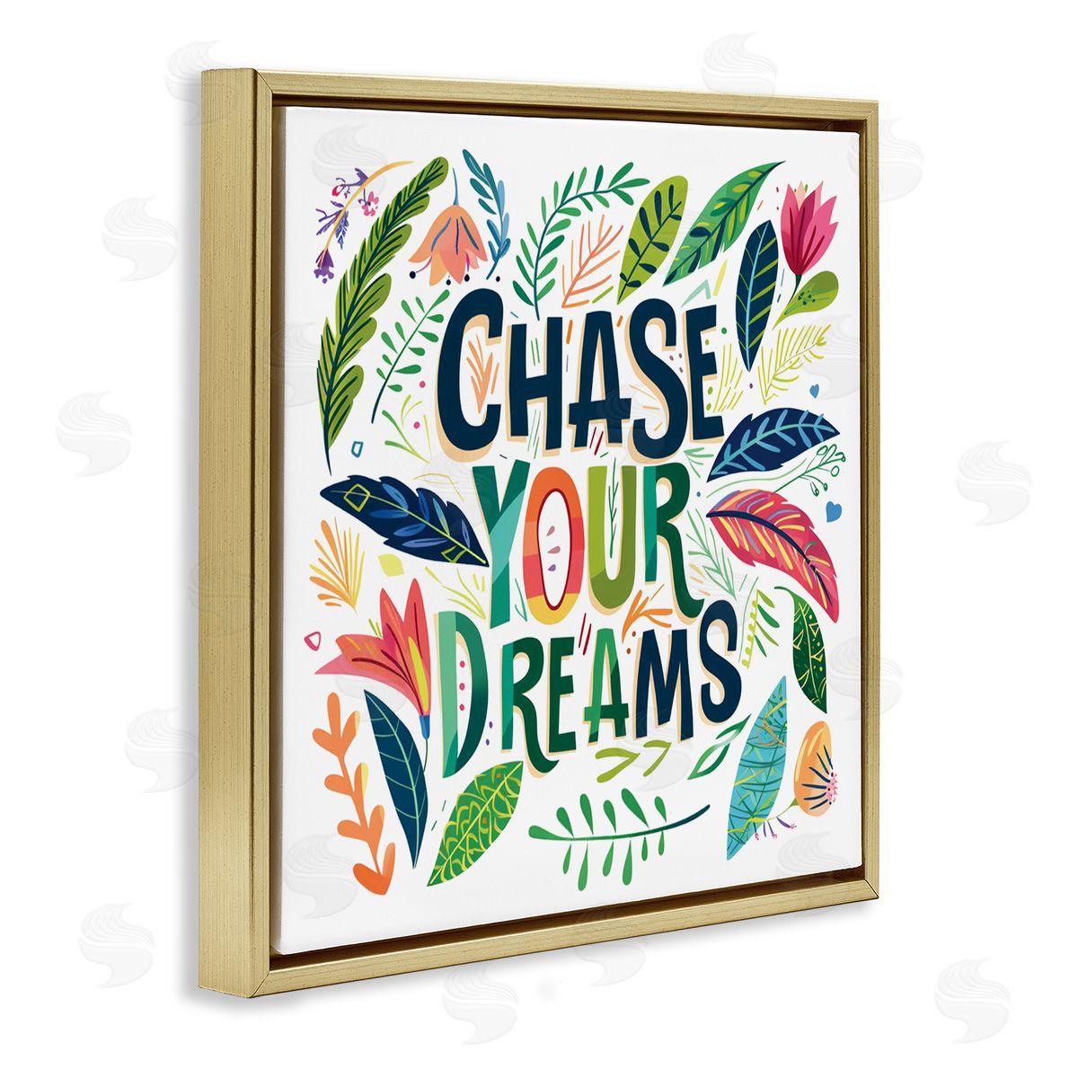 Lettered and Lined Chase Your Dreams on Leaves Gold Floating Frame Canvas Art Print
