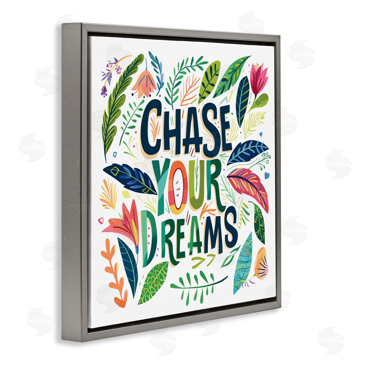 Lettered and Lined Chase Your Dreams on Leaves Gray Floating Frame Canvas Art Print