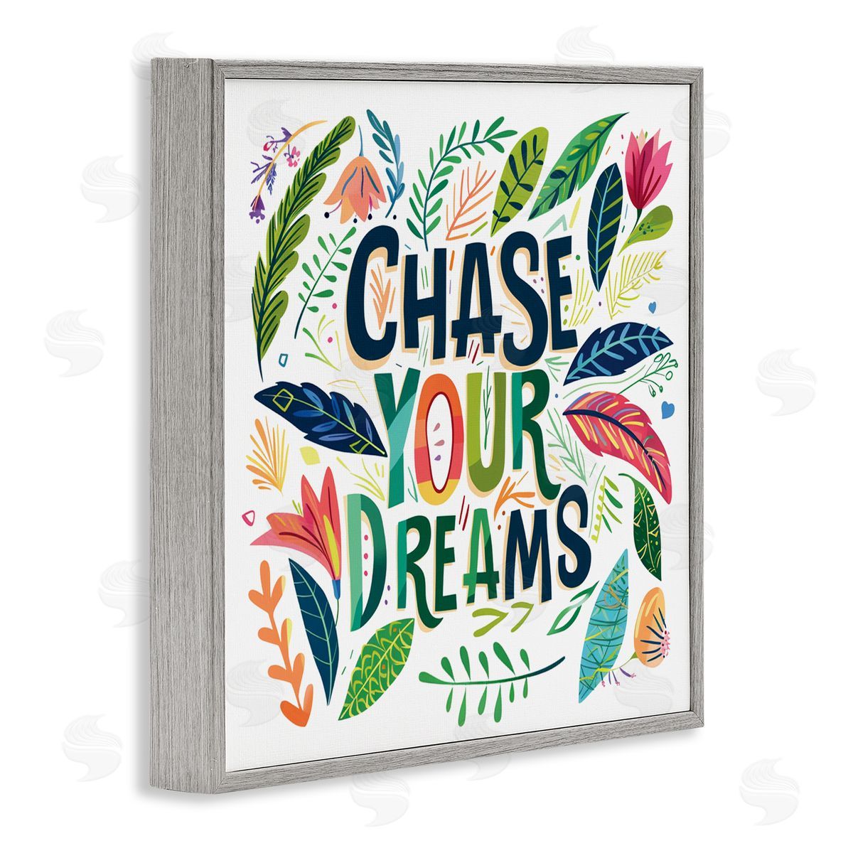 Lettered and Lined Chase Your Dreams on Leaves Gray Framed Giclee Art Print