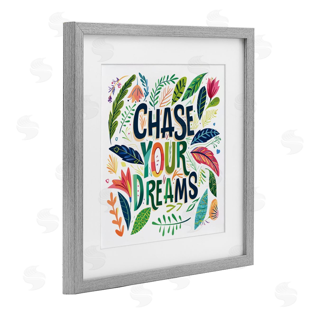 Lettered and Lined Chase Your Dreams on Leaves Gray Framed Print Under Glass Art