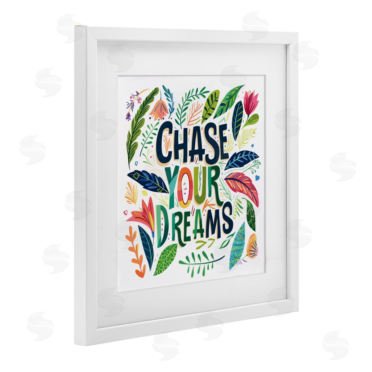 Lettered and Lined Chase Your Dreams on Leaves White Framed Print Under Glass Art