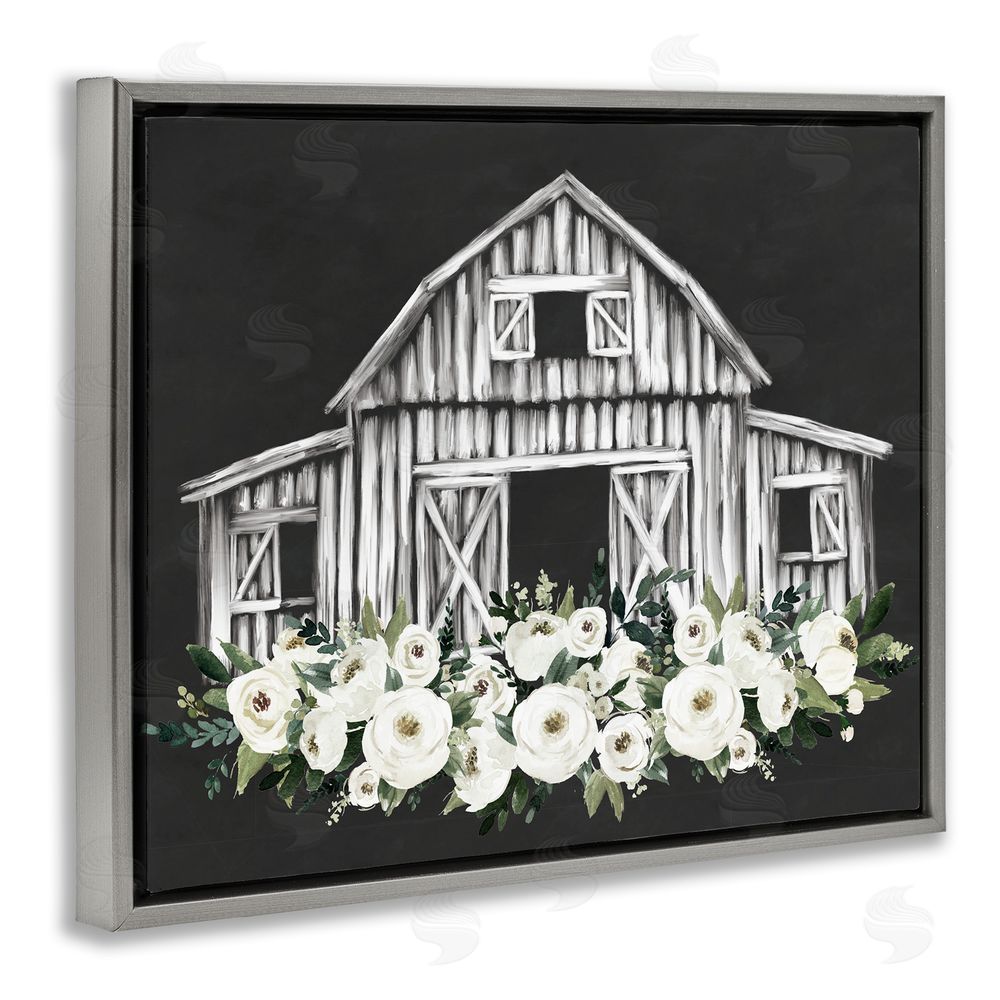 Lettered and Lined Centered Floral Farmhouse Gray Floating Frame Canvas Art Print