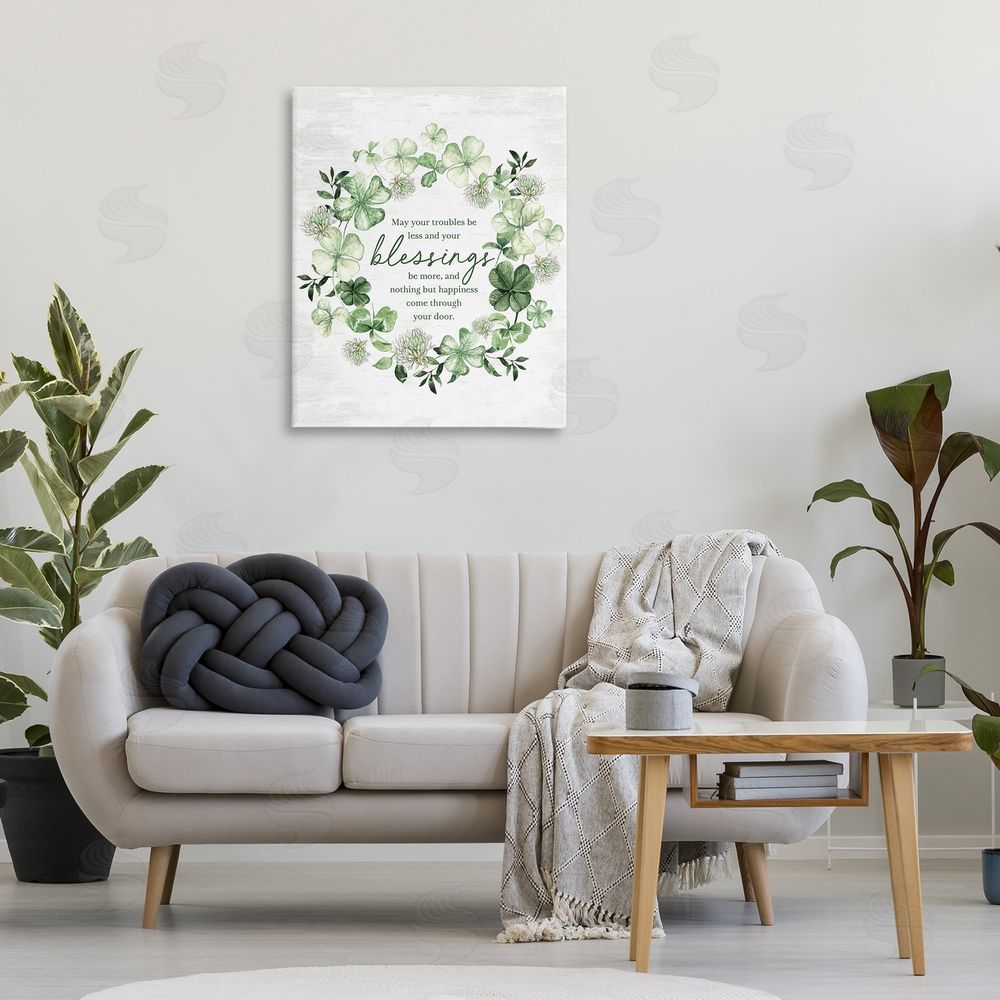 Lettered and Lined Troubles Less & Blessings More Wreath Printed Wall Art in Room