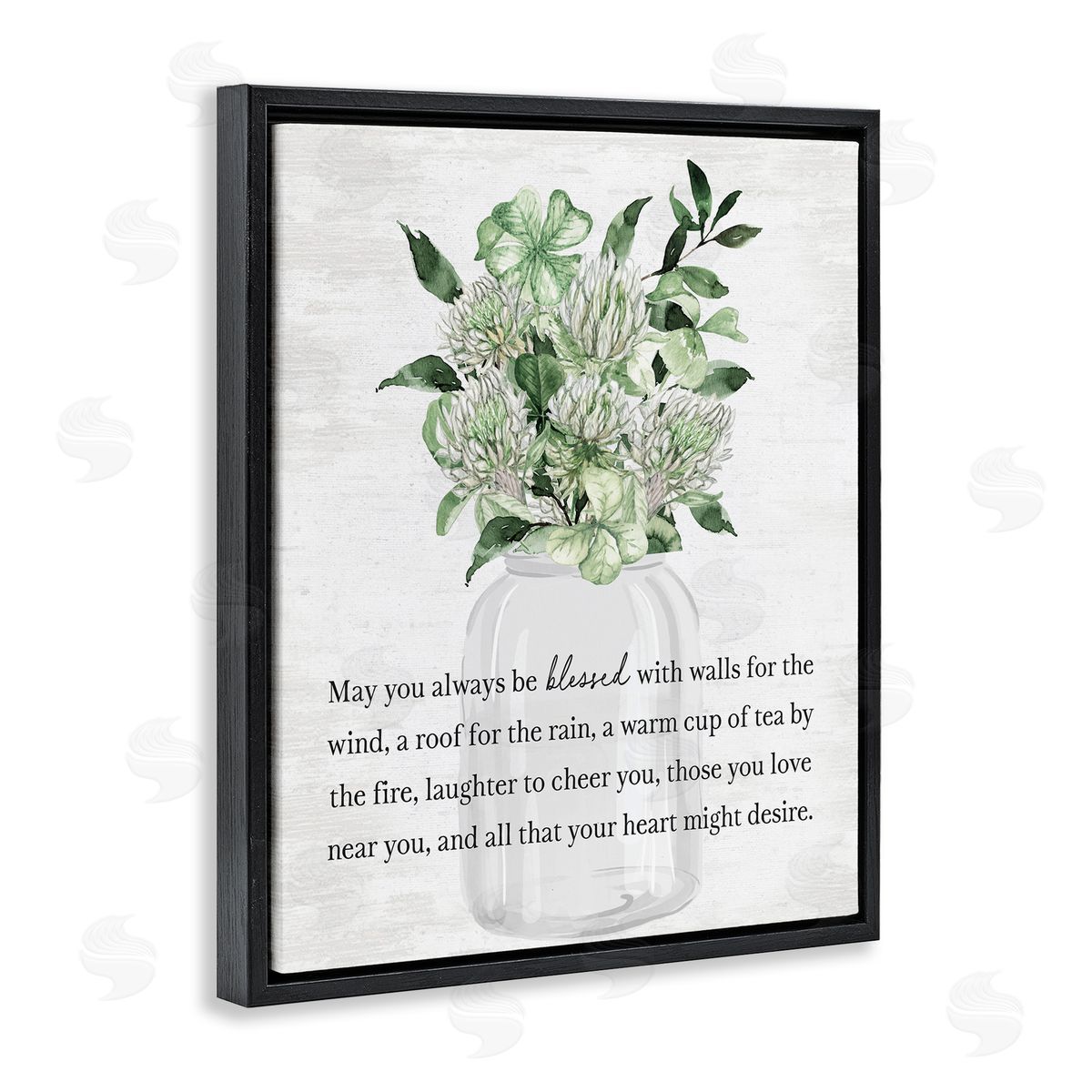 Lettered and Lined Blessed Spring Florals & Clovers Black Floating Frame Canvas Wall Art Print