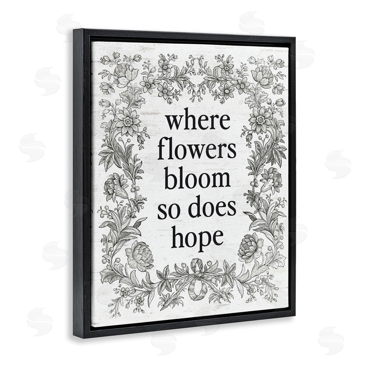 Lettered and Lined Hope Blooms Vintage Border Black Floating Frame Canvas Wall Art Print