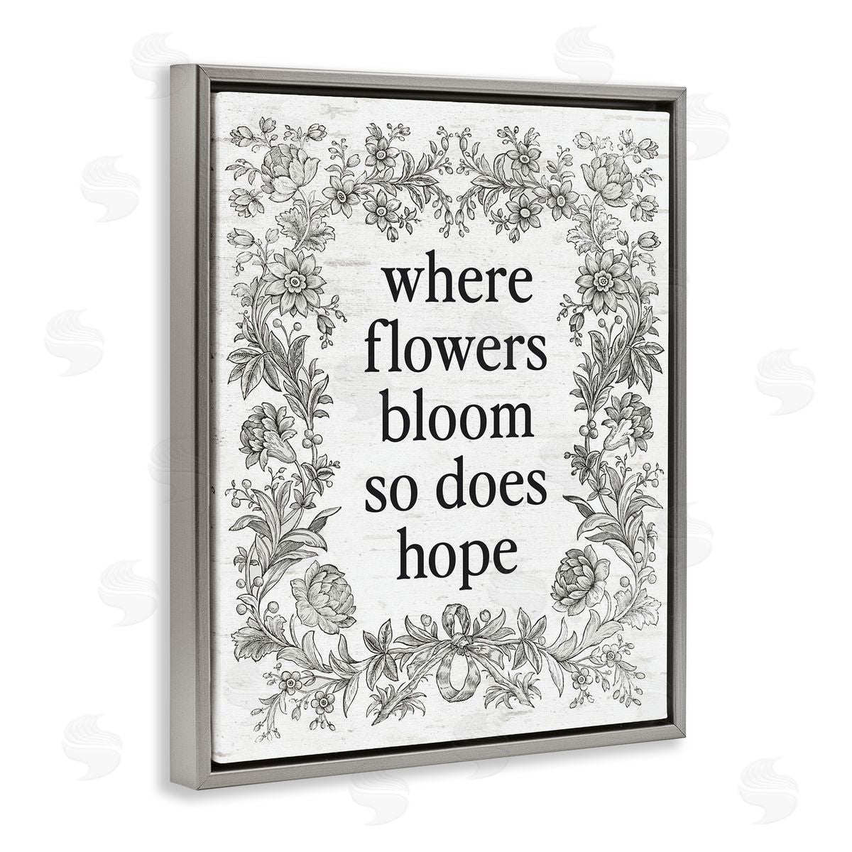 Lettered and Lined Hope Blooms Vintage Border Gray Floating Frame Canvas Art Print
