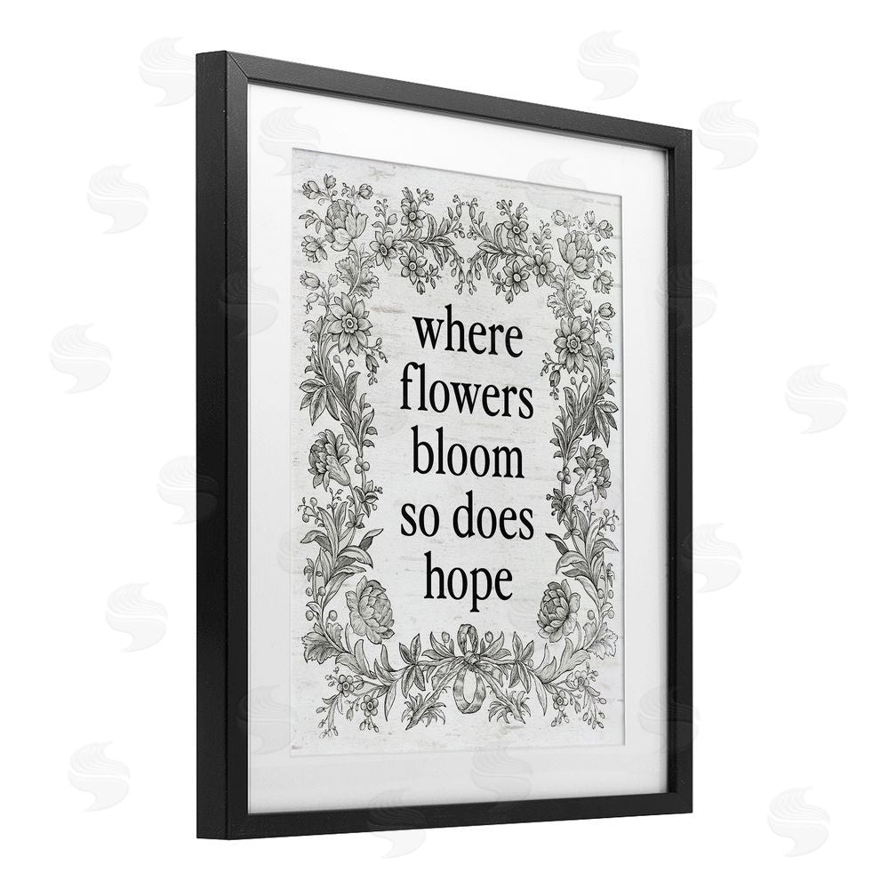 Lettered and Lined Hope Blooms Vintage Border Black Framed Print Under Glass Art