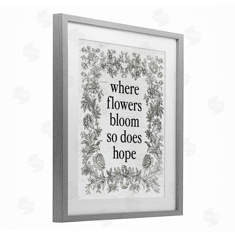 Lettered and Lined Hope Blooms Vintage Border Gray Framed Print Under Glass Art