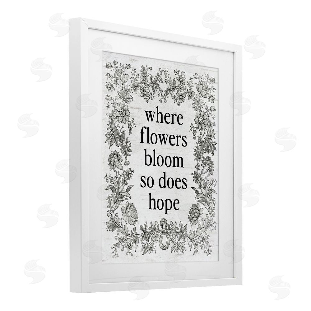 Lettered and Lined Hope Blooms Vintage Border White Framed Print Under Glass Art