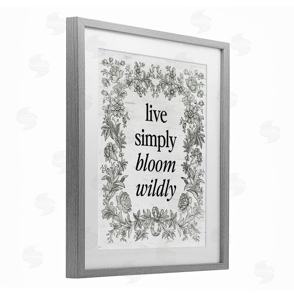 Lettered and Lined Bloom Wildly Vintage Border Gray Framed Print Under Glass Art