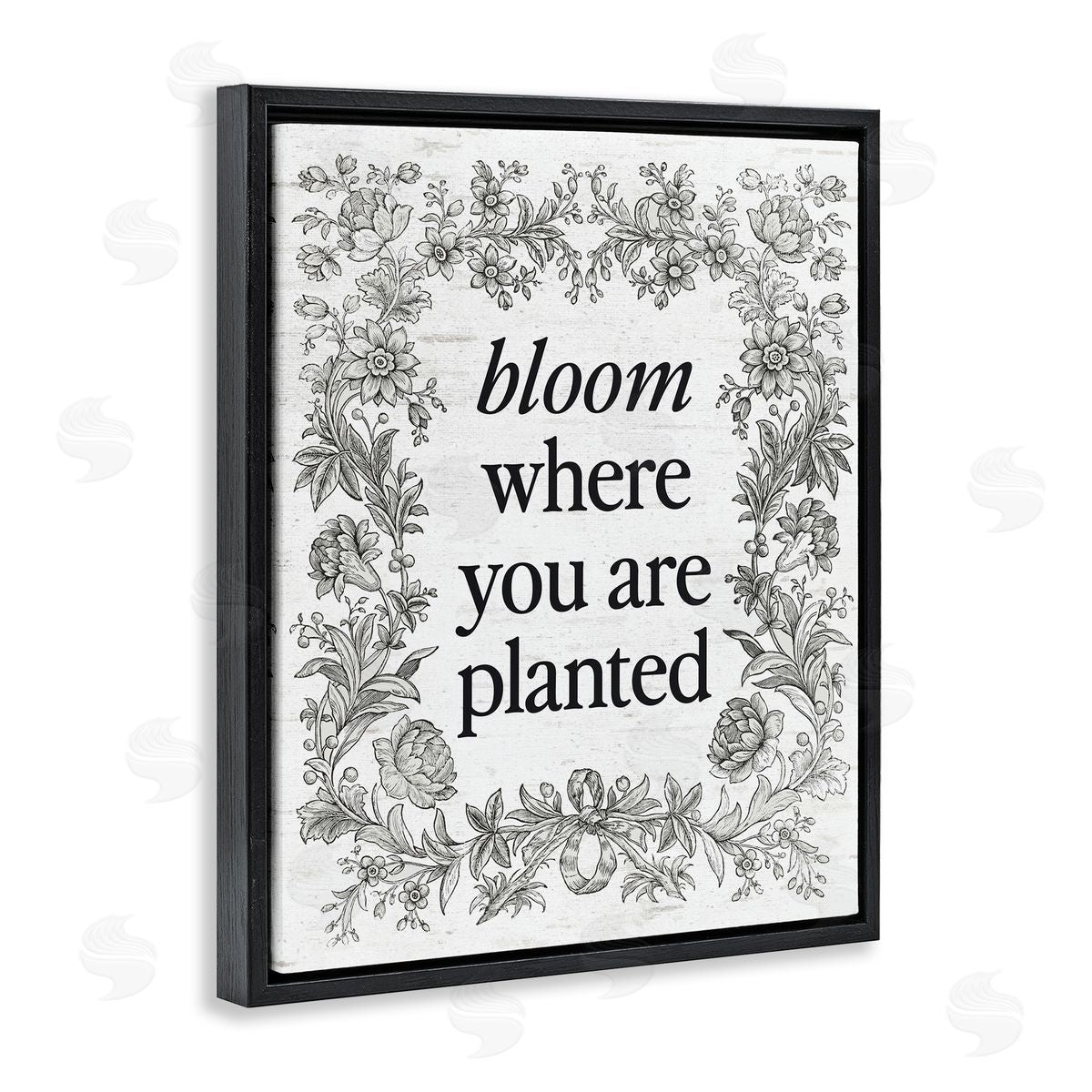 Lettered and Lined Inspiring Bloom with Vintage Border Black Floating Frame Canvas Wall Art Print