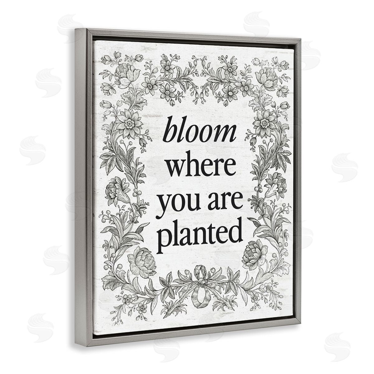 Lettered and Lined Inspiring Bloom with Vintage Border Gray Floating Frame Canvas Art Print