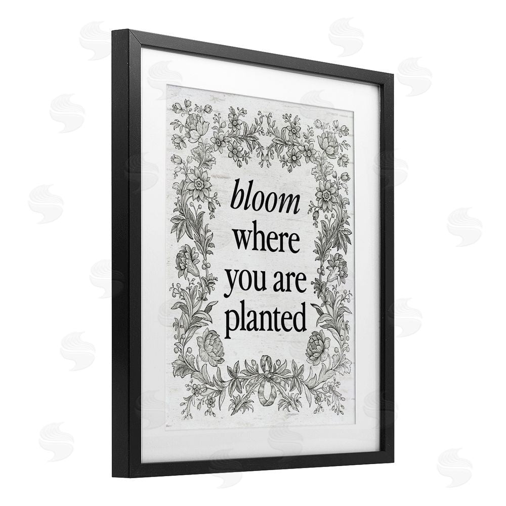 Lettered and Lined Inspiring Bloom with Vintage Border Black Framed Print Under Glass Art